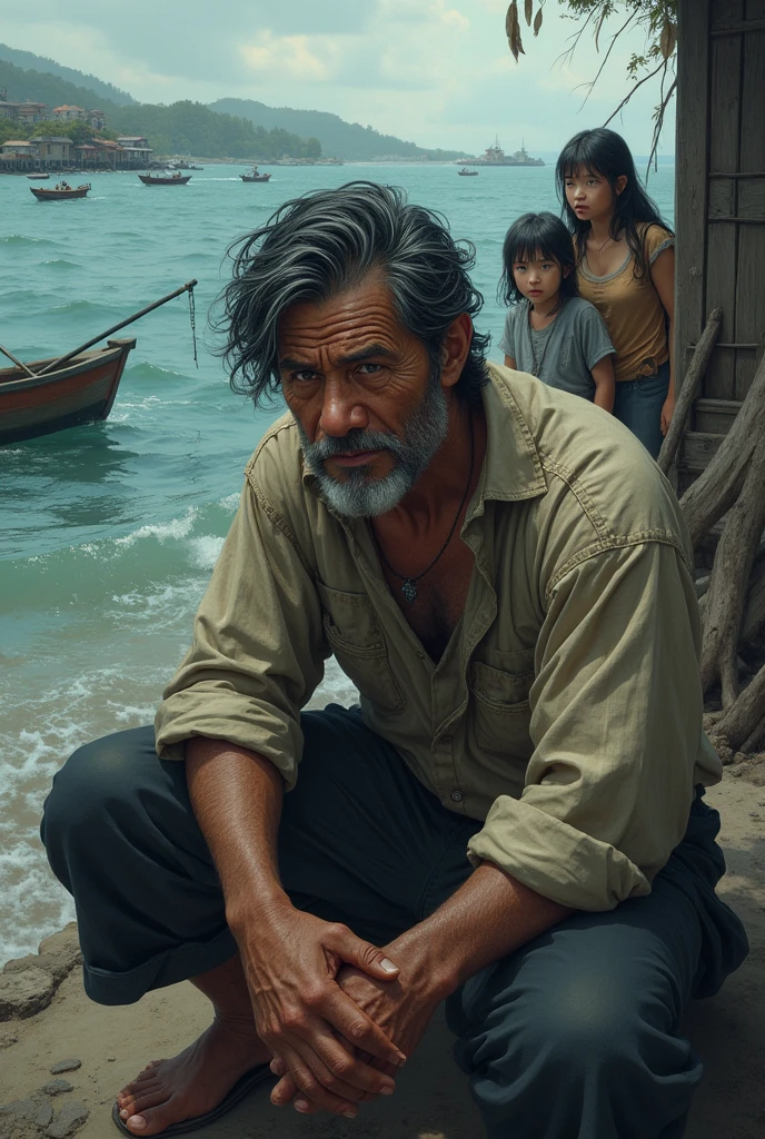 (アニメ)The fisherman got scared and said that he is a poor fisherman and his two daughters and a wife are waiting for him at his house.