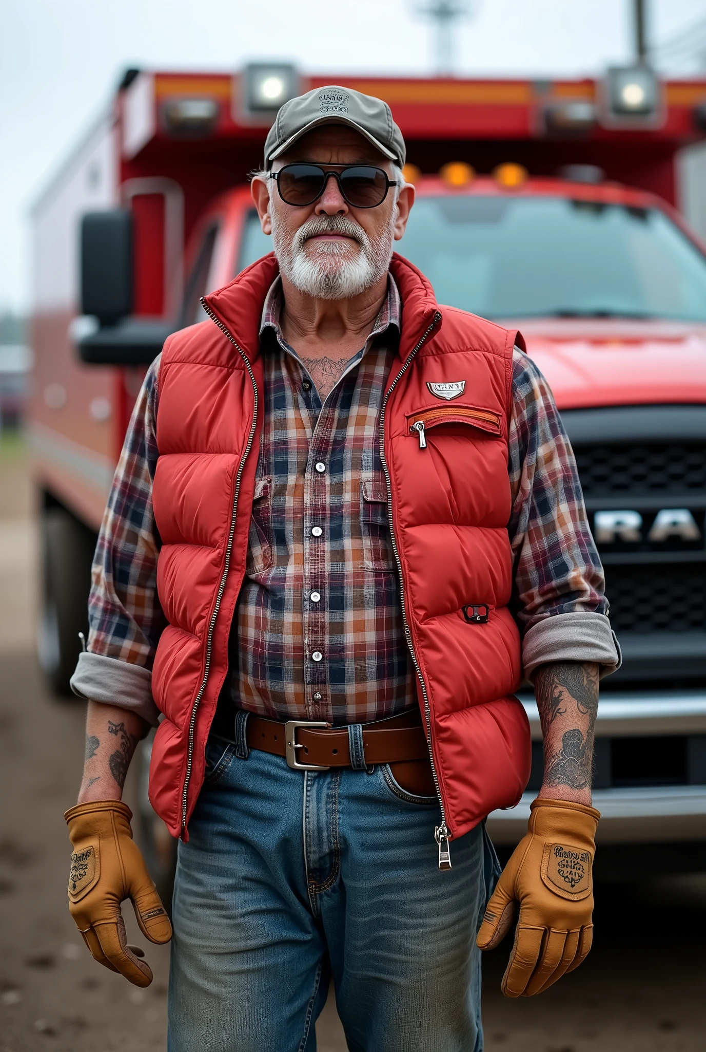 A fifty-year-old contractor, he stands 176cm tall, weighs 75 kg, he has short salt-and-pepper hair, and is unshaven. He wears a grey cap, aviator sunglasses, a red sleeveless puffer jacket with studs and full-length zipper, a plaid flannel shirt with rolled-up sleeves, tattoos apparent on both arms, a stainless wristwatch, tan leather work gloves, blue denim jeans with a brown leather belt, and brown leather work boots stands in front of a red 2024 RAM 5500 crew cab with Knapheide service body