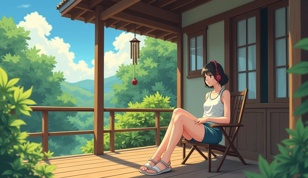 Perfect image, 8k, noon、A high school girl listening to music on a cozy veranda,holiday、 Using headphones, 2D-style animation, Lo-Fi, hard disk, Big Breasts、one&#39;s home、wind chimes、summer、Retro、Japanese style、Wooden house、Single-story house