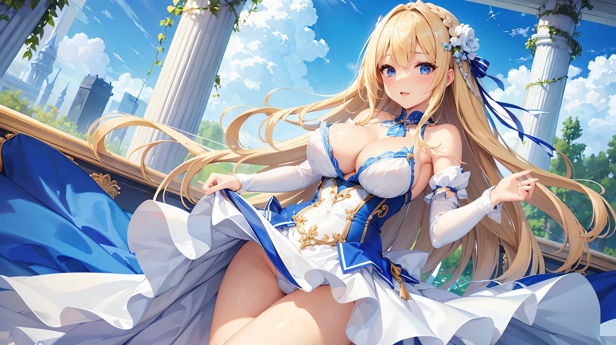 ((Highest quality、High resolution))、Beautiful woman、Perfect body、Beautiful and bountiful breasts、(tits)、long blond、bangs、Blue and white、Embellished blue sexy dress、skirt、(((She&#39;s showing me her panties and seducing me、A woman opening her legs and inviting sex)))、Outdoor Scenery