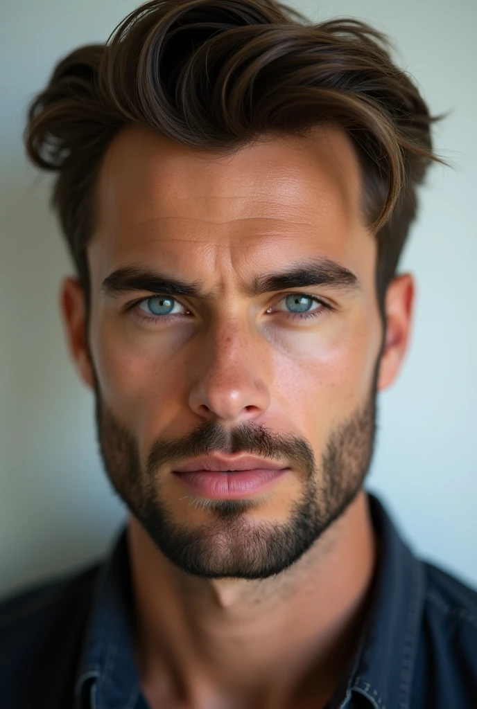 A handsome young man with a beard and blue eyes