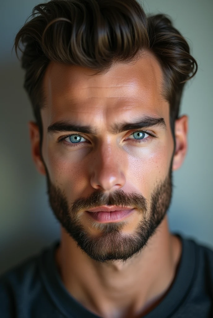 A handsome young man with a beard and blue eyes