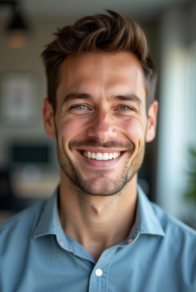 natural skin, male, modern office background, happy face