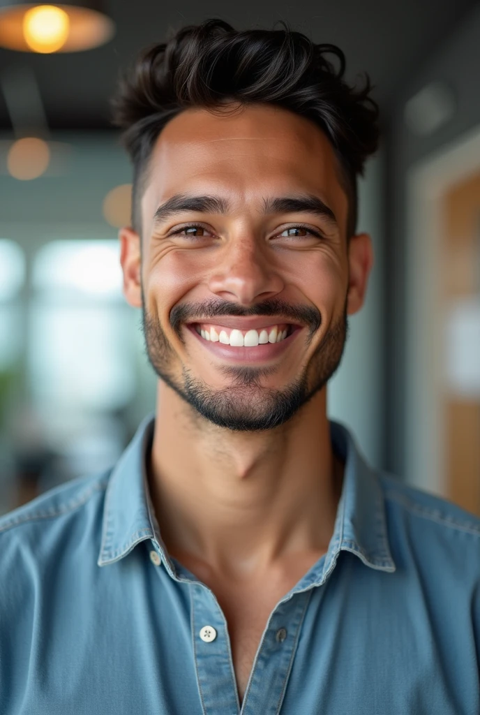 natural skin, male, modern office background, happy face