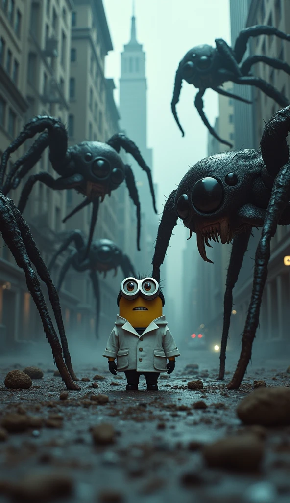 Image of Minion wearing a scientist suit standing in the middle of the city with a swarm of giant scary spiders. Dark image full of horror.