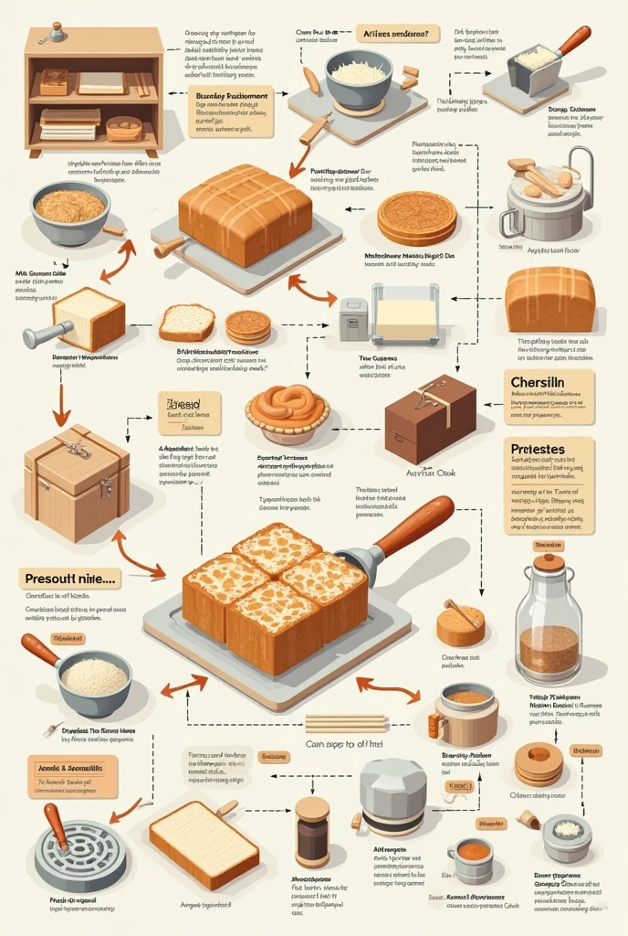 Create a detailed diagram of the setup for a specific bread or pastry production process, demonstrating your understanding of the correct use of bakery tools and equipment. You will label each item and provide clear descriptions of their functions.