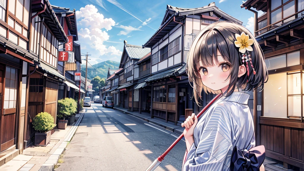 1 girl,Red Japanese umbrella、cute、Takayama City、Old Townscape、turn around、View here、Black Hair、brown eyes,Light blue yukata、sunny