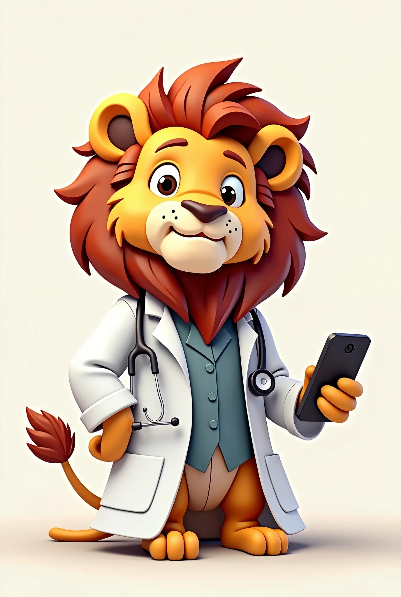 I want you to generate me an image of a sitting lion animated in 2d, that he is dressed as a doctor with his stethoscope and a cell phone in his hand, It's a logo I'm thinking of creating for my company Doc. Cel By 3Lions