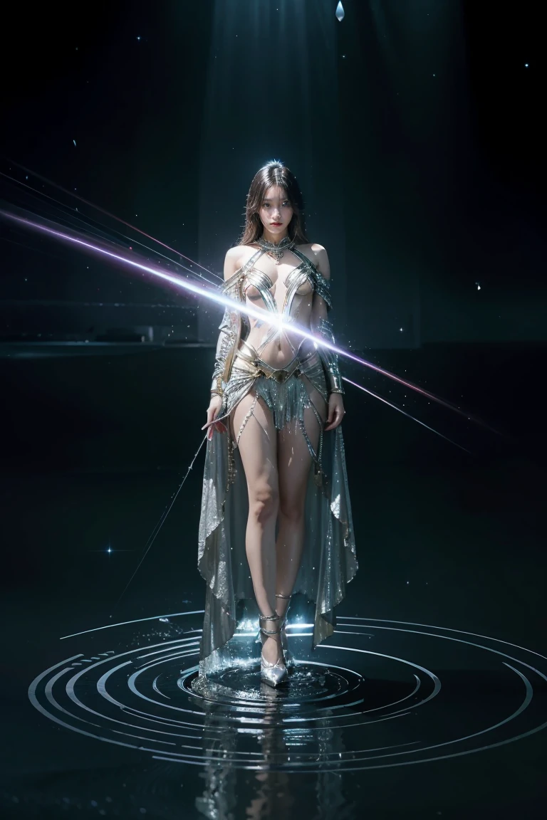 best quality, Masterpiece, realistic, 1 girl, goddess, tangle [Update|hanging] hair, (full body:0.6), alone, (full body:0.6), looking down, Detailed background, detailed face, SC.3 May.4, Sci-fi theme:1.1), Mercury-Wizard, mournful, Surrounded by iridescent silver waves, alchemical images, reflection, silver liquid, metallic sheen, shine, dynamic gesture, fluid movement, floating particles, Drops of mercury, flowing metal, mixed with mercury, Foreign planets in the background, Formation of mercury drops, Volumetric light, Atmosphere in the movie theater, sharp details, Highly detailed skin, realistic skin texture, perfect eyes