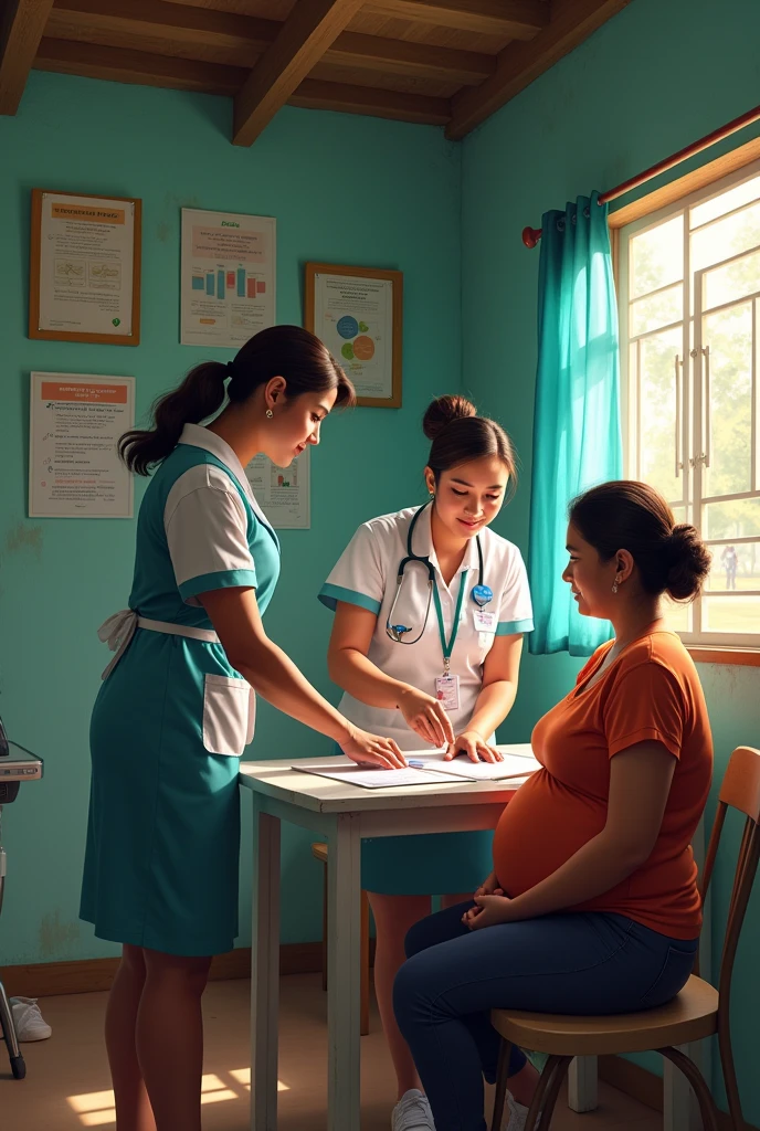 Community health nurses in a poor rural area a barangay in the Philippines helping a mother for a prenatal check-up checking vital signs while educating for prenatal check up inside a barangay clinic especially those who often do not opt for check up