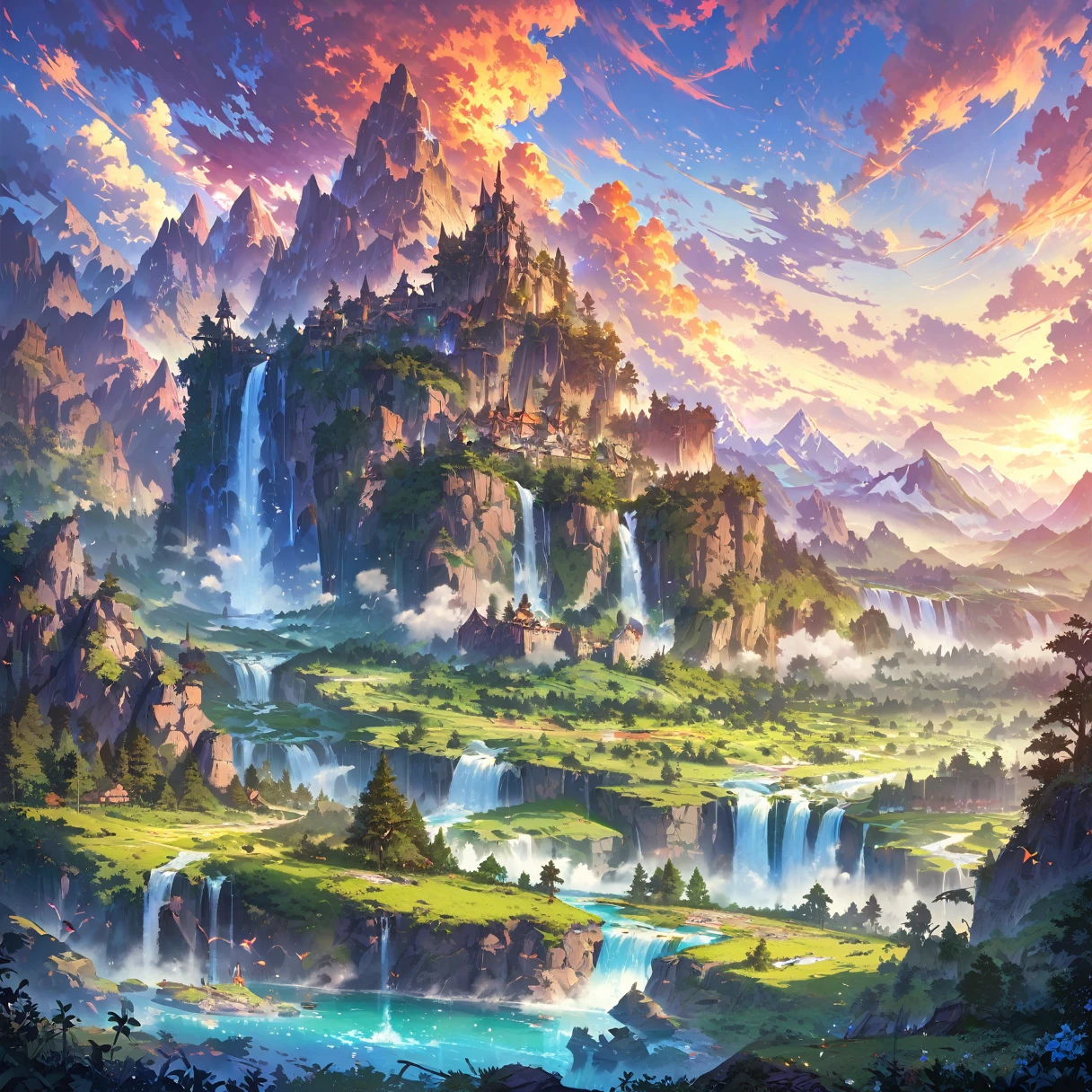 Mountain with a waterfall and some trees in the foreground々, Impressive and fantastic scenery, an Magnificent scenery, Fantasy painting,Lovely, Fantasy art landscape, most Magnificent scenery, 4k HD matte digital, Epic fantasy landscapes, 4K High Definition Digital Art, Epic dreamlike fantasy landscape, Magnificent scenery, 4K Matte Paint, Ross Chen. Landscape background