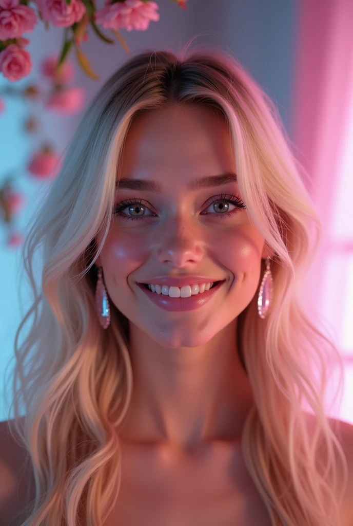 Soft Light, Gentle colors, Romanticism, Sparkle Effect, fluorescence, accessories, 360° View, smile, Pink eyes, Bright Eyes, smile, chest, Crystal Earrings, Long Hair, Blonde, Gradient color hairstyle, Winner of numerous awards, High resolution, High-resolution model, Ultra high definition, Textured skin, Textured skin, One person, solo, Gaze, teeth, Decorative art, masterpiece, Highest quality, 