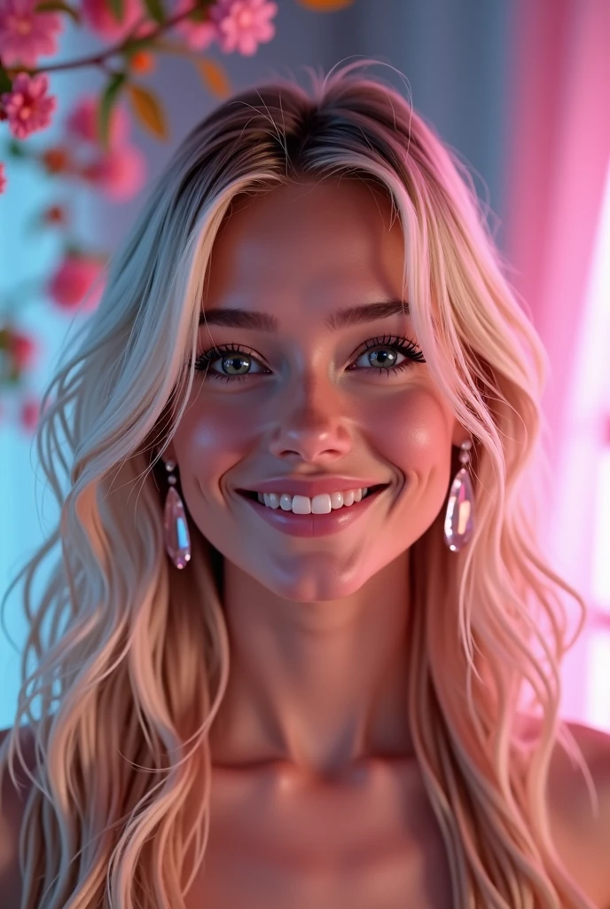 Soft Light, Gentle colors, Romanticism, Sparkle Effect, fluorescence, accessories, 360° View, smile, Pink eyes, Bright Eyes, smile, chest, Crystal Earrings, Long Hair, Blonde, Gradient color hairstyle, Winner of numerous awards, High resolution, High-resolution model, Ultra high definition, Textured skin, Textured skin, One person, solo, Gaze, teeth, Decorative art, masterpiece, Highest quality,