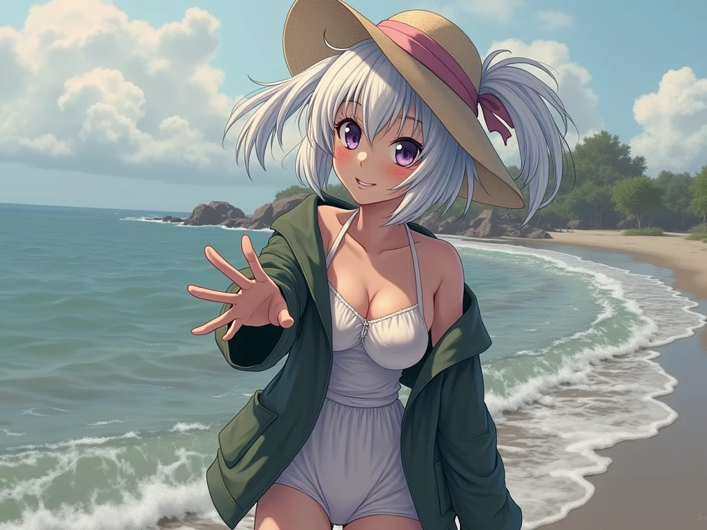 best quality, masterpiece, , ,short, huge breasts, white hair,low twintails, purple eyes, yukine chris, thin twintails,, beach, sea, white dress, white skirt, white one-piece, straw hat, (((shy))), (happy), leaning forward, summer, from above, reaching out, smiling,