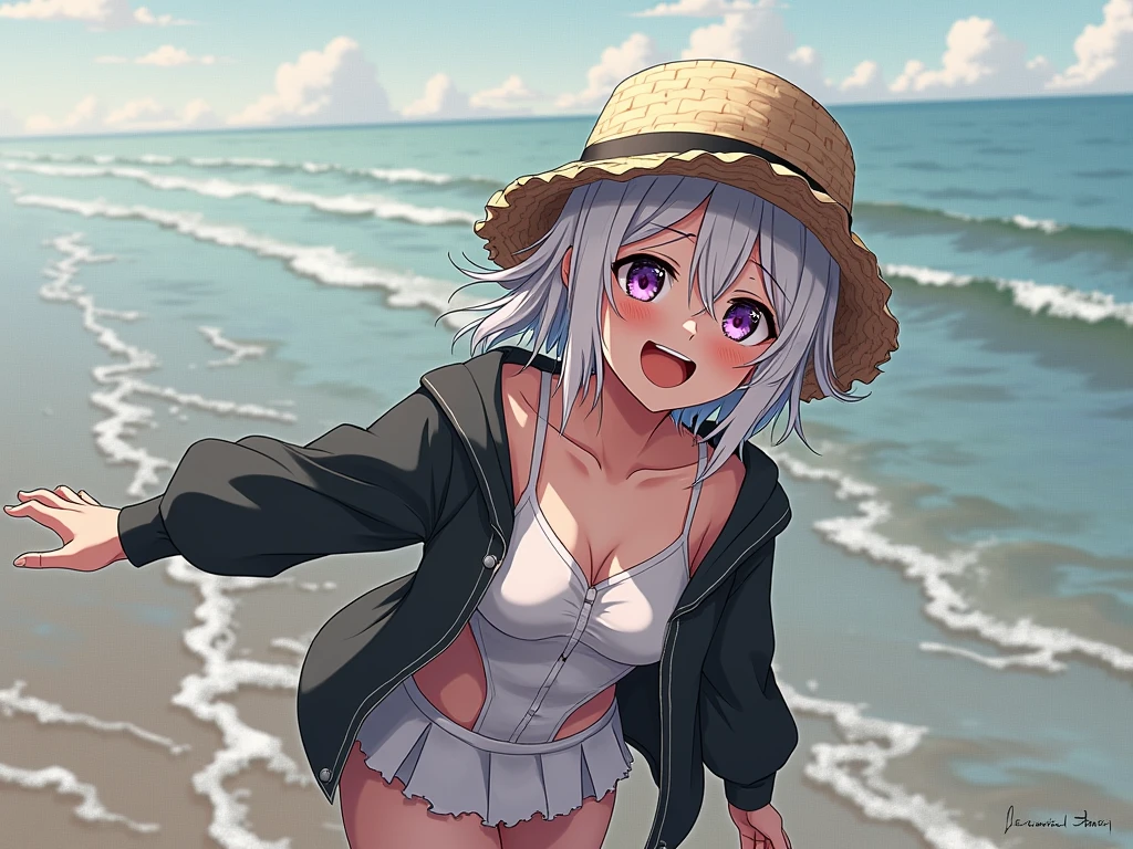 best quality, masterpiece, , ,short, huge breasts, white hair,low twintails, purple eyes, yukine chris, thin twintails,, beach, sea, white dress, white skirt, white one-piece, straw hat,  (((shy))), (happy), leaning forward, summer, from above, reaching out, smiling,