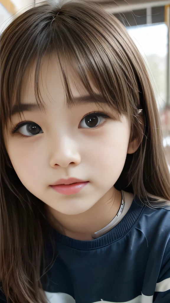 a 9-year-old Korean girl with V chin round caramel eyes, heart-shaped lips, pale white skin, and long light brown hair.