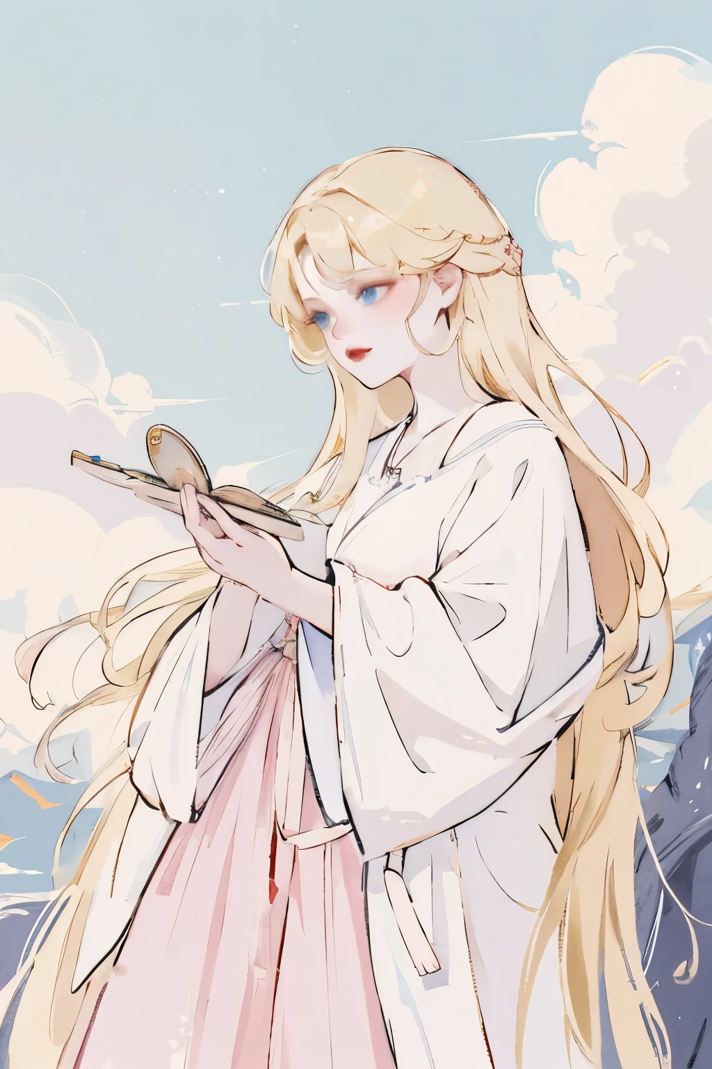 There was a woman in a white dress holding a music box, guweiz style artwork, guweiz on pixiv artstation, guweiz on artstation pixiv, Gu Weiss, Fantasy art style, Gu Weiss masterpiece, Beautiful and elegant queen, Beautiful character painting, Detailed digital anime art, Blonde Princess, White hair, Sky blue eyes, Pink lips