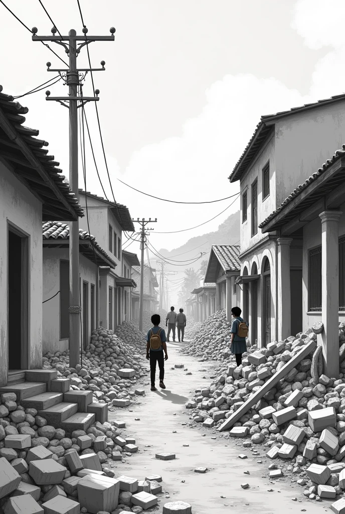 A colorless illustrated image of Colombia's independence and its consequences showing Colombia after independence rebuilding itself with houses collapsed