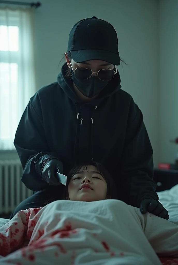 korean girl, (behind stiff, holding knife), stabbing, black surgical mask, black gloves, sunglasses, white room, black raincoat, trucker hat, holding knife, black gloves, 15 years old, woman on top, behind cadaver, blood splatter, on the bed, looking at viewer, mass murderer, killer, blood splatter, dark atmosphere, cinematic lighting, atmospheric realistic, light from the window,