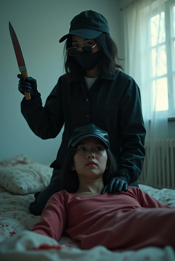 korean girl, (behind stiff, holding knife), stabbing, black surgical mask, black gloves, sunglasses, white room, black raincoat, trucker hat, holding knife, black gloves, 15 years old, woman on top, behind cadaver, blood splatter, on the bed, looking at viewer, mass murderer, killer, blood splatter, dark atmosphere, cinematic lighting, atmospheric realistic, light from the window,
