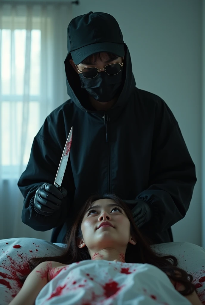 korean girl, (behind stiff, holding knife), stabbing, black surgical mask, black gloves, sunglasses, white room, black raincoat, trucker hat, holding knife, black gloves, 15 years old, woman on top, behind cadaver, blood splatter, on the bed, looking at viewer, mass murderer, killer, blood splatter, dark atmosphere, cinematic lighting, atmospheric realistic, light from the window,