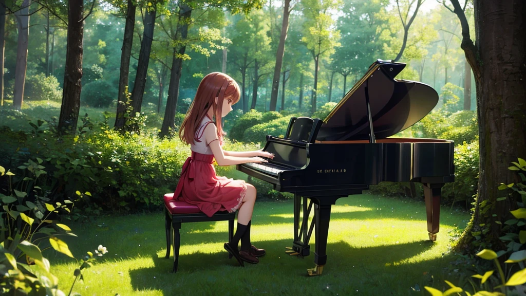 10 year old girl playing the piano in the forest, beautiful colorful dress, anime style. Perfect lighting. Perfectly defined details of the face and body.