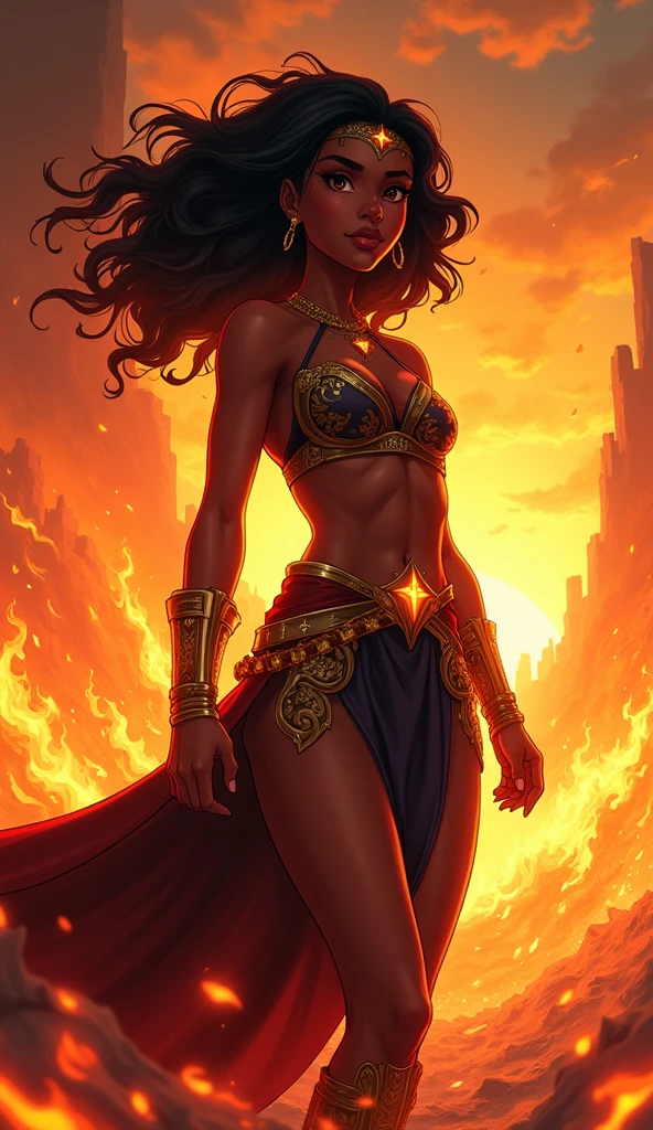 Create a powerful and emotionally charged image of a black anime woman in the anime style of Aaron McGruder standing amidst a backdrop of roaring flames. Her stance is strong and determined, with glowing embers swirling around her. The flames illuminate her dark skin, making it glisten with a radiant glow. Her eyes are filled with resolve, reflecting the fire around her, while her hair flows wildly as if caught in the heat. She is adorned in a battle-worn yet regal outfit with intricate patterns, symbolizing strength and resilience. The background should show a landscape of both destruction and hope, with the fire representing challenges she has overcome and a glimpse of the dawn breaking in the distance, symbolizing the new beginnings that await her. The scene should be vibrant, dynamic, and full of emotional depth, capturing the essence of triumph and perseverance