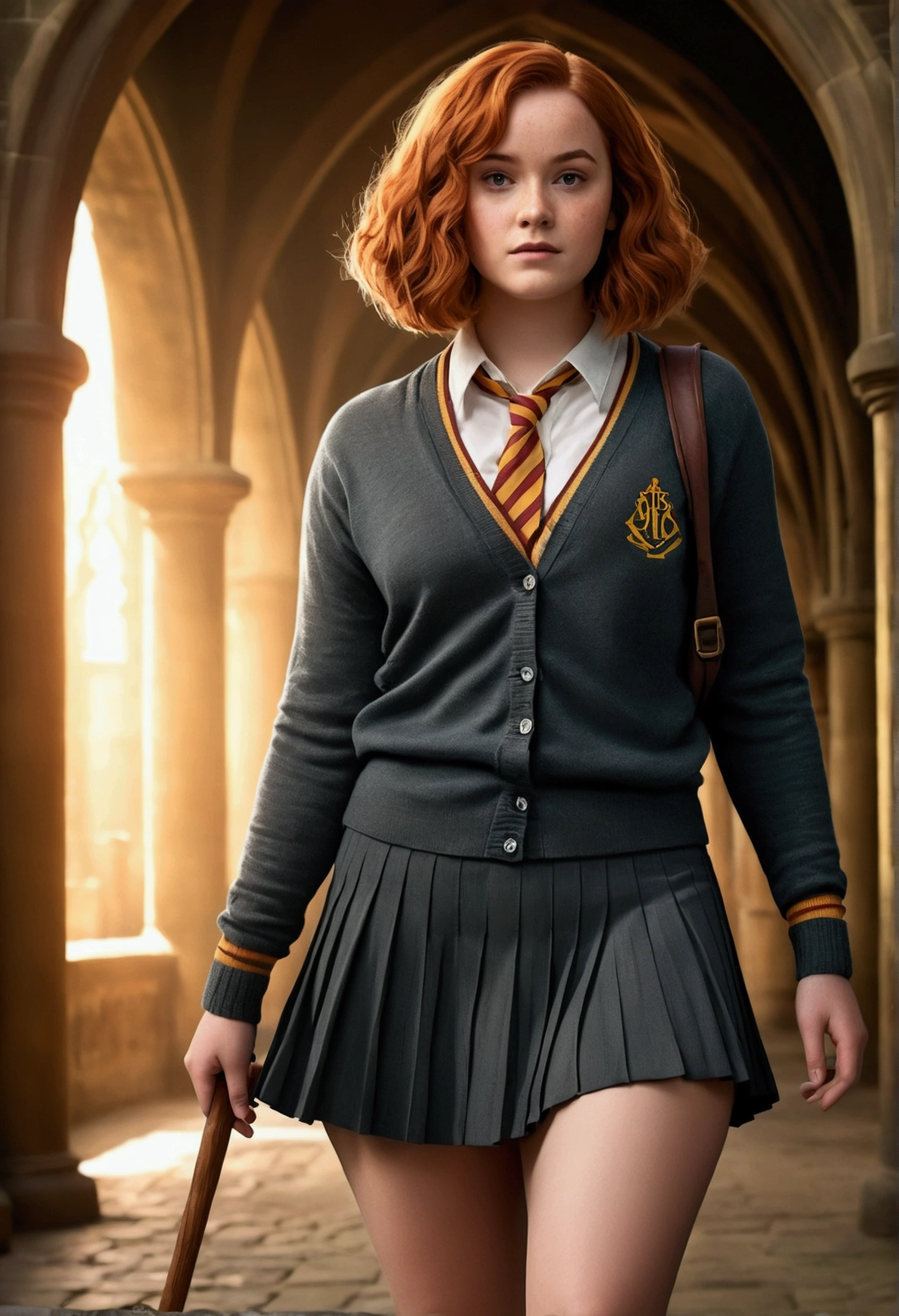An illustrated movie poster, hand-drawn, full color, a Hogwarts student, wearing a charcoal cardigan and a pleated skirt, tall, toned, amazonian stature, athletic hourglass figure, full wide hips, massive round butt, long shapely legs, ridiculously thick powerful thighs, auburn hair, curly bob cut, flushed sun-kissed complexion, freckles, standing in a Hogwarts Courtyard, graphite shading, stencil marks, airbrushed acrylic paint, masterpiece, in the Deathly Hallows
