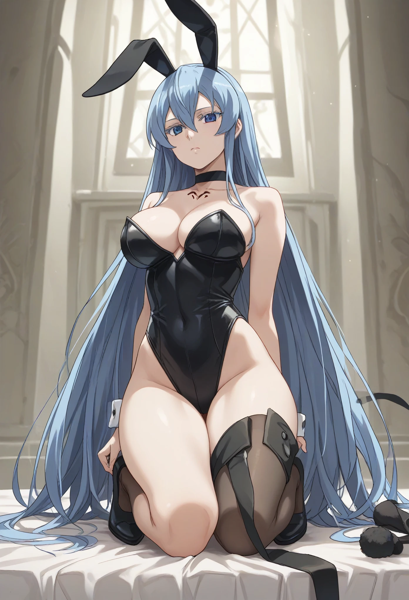 esdeath, blue eyes, blue hair, long hair,large breast, eyelashes,black bunny suit,black bunny ears,clavage,chocker,tatto,(from bellov,full body,head straight,eyes down,looking down on viewer,looking at viewer from bellow)