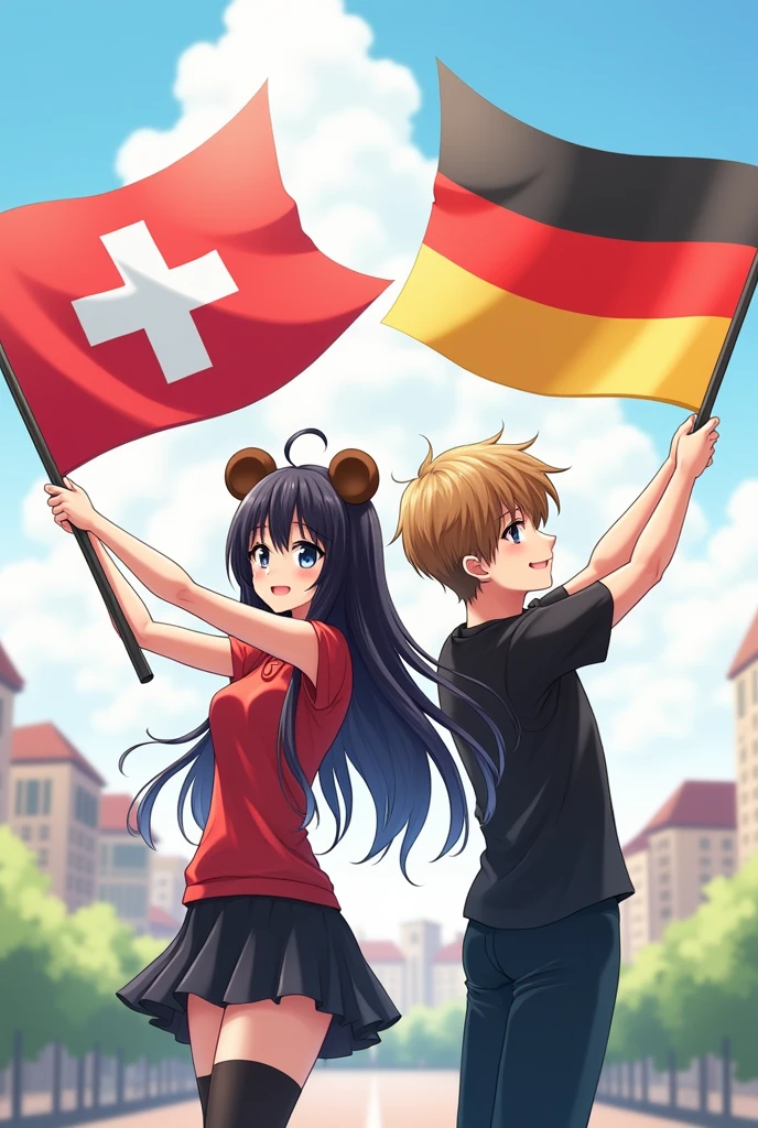 An anime woman with long black hair and brown cute bear ears and she is raising the flag of Switzerland and with her is standing an anime man with brown-blonde hair and he is raising the flag of Germany 