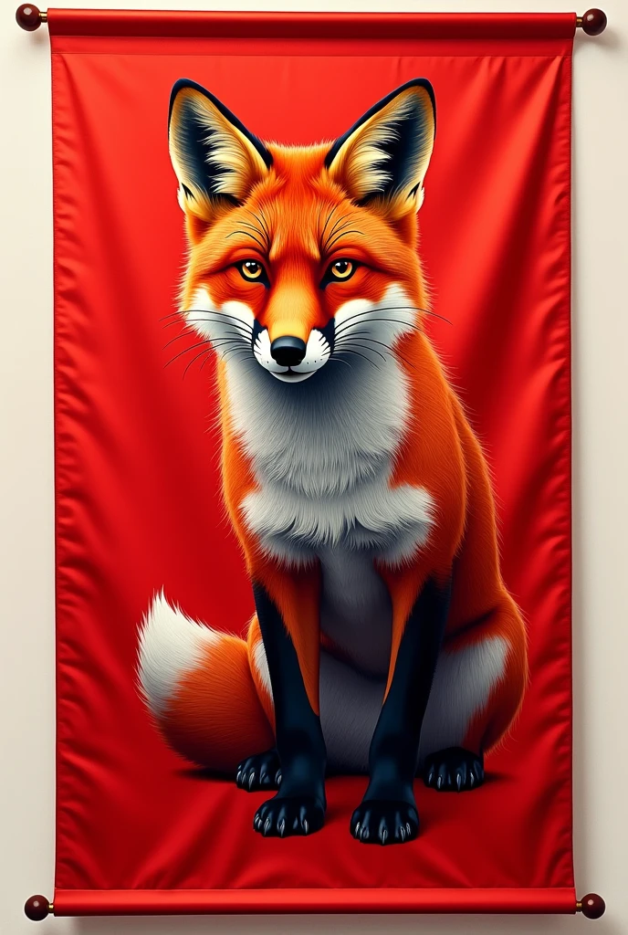 A red banner with a fox