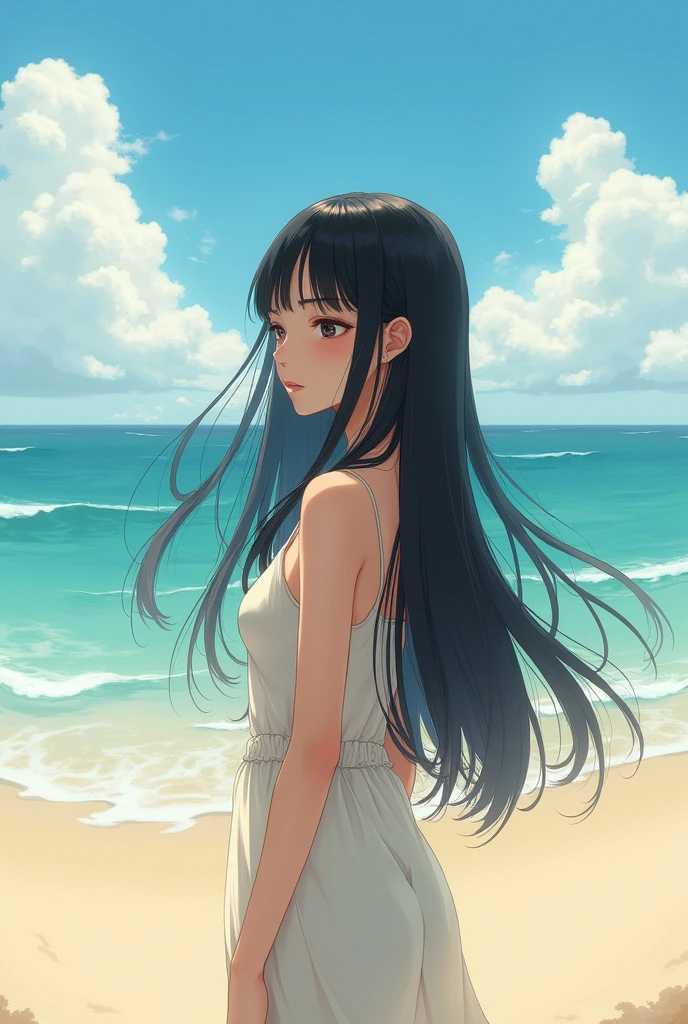 Girl with waist-length straight black hair on the beach