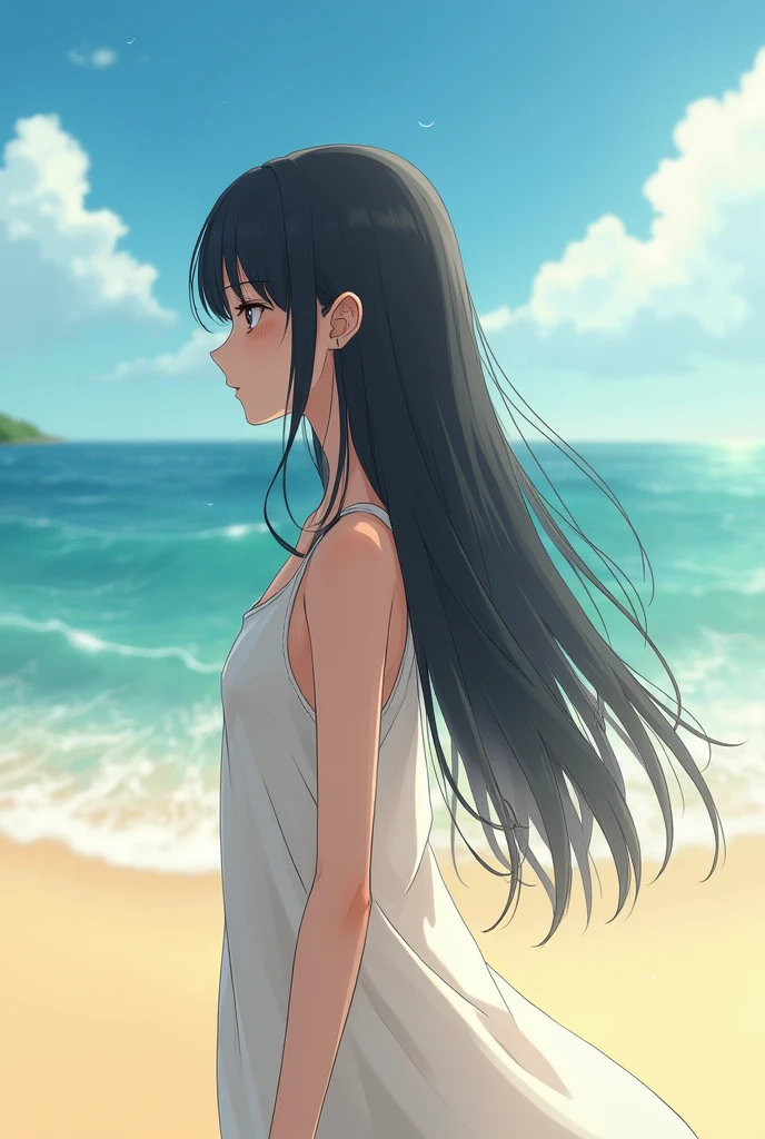 Girl with waist-length straight black hair on the beach