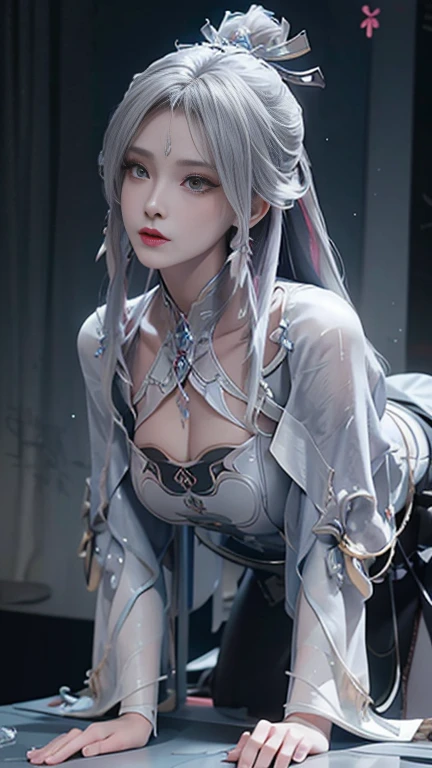 a white hair、Close-up of Miss wearing white mask, Beautiful character painting, Guweiz, Gurwitz-style artwork, White-haired god, author：Yang Jie, Epic and beautiful character art, Stunning character art, author：Fan Qi, by Wuzhun Shifan, pixiv Art Street Guviz, Single ponytail, insult, High Ponytail, Tall and big, Long legs, Walk, elegant, dignified, Miss, Beautiful curves, sweet smile, Strong sense of detail and layering, colour丰富绚丽, Has a unique texture, rich and colourful, colour, vivid, Design Art, 16K, Super detailed, {{illustration}}, {Extremely refined}, {Exquisite surface treatment}, Super detailed, Delicate and shining eyes, {{Light}}, Ultimate light effect, model: Realism, CFG size: 12, Laura: Bright texture (1.35), high quality, masterpiece, Exquisite facial features, Delicate hair depiction, Detailed depiction of the eyes, masterpiece, best quality, Light line tracing, Extremely detailed CG unified 8k wallpaper, masterpiece, best quality, (1 girl), Perfect Miss Body, naked, beautiful eyes, (Delicate face), short black hair, Tie your hair up, Light blue hairpin, Black silk frame glasses, in class, (White skin), (Optimal Lighting), (Super intricate details), 4k unity, (Super detailed CG), Showing off her white legs,Sexy Long Legs, Thin waist, Extremely detailed depiction, Pink Hair, Asymmetrical bangs, Hands on thighs, Move your eyes away, 8k resolution, Raise an eyebrow, shiny hair, Flower head, simple grey background, Climbing towards the viewer, Kitten pose, On all fours,