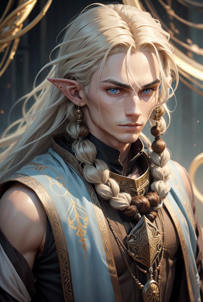 Create a highly detailed and realistic fantasy portrait of a **male sorcerer** with **elven features**. He has a slender but defined face, characterized by high cheekbones, a sharp jawline, and **pointed ears**. His skin is fair with a sprinkling of **freckles** across his cheeks and nose, giving him a youthful, almost ethereal appearance. His eyes are a piercing **light blue**, exuding a mystical and intense gaze that hints at his magical prowess.
His hair is composed of long, **thick dreadlocks** that cascade past his shoulders, blending shades of chestnut and blonde. Some of the dreadlocks are adorned with small trinkets, beads, and wraps, adding a tribal and earthy feel to his appearance. He has a neatly trimmed