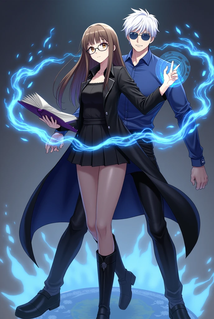 An adult anime woman, white woman with long straight brown hair and bangs, honey-colored eyes, prescription glasses and black top, Black Skirt, black boots and black overcoat holding a book, conjuring magic next to an anime man, grown-up, brawny, short white hair with bangs and straight with blue eyes and round sunglasses, in black pants and a blue dress shirt