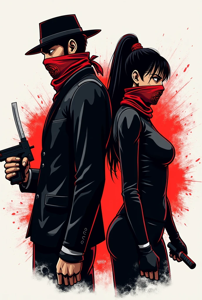create a logo with the name YAKUZA THE CURSE with man and woman in black clothes and red mask gang style bandana holding weapons