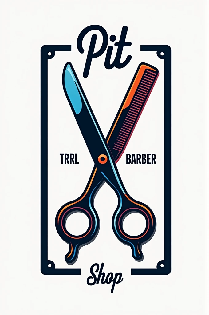 Rectangular logo image with the words PIT BARBER SHOP ,features a pair of scissors and a comb in bright colors 