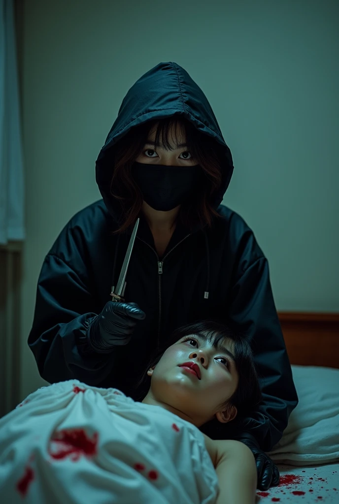 korean girl, (behind stiff, holding knife), black surgical mask, black gloves, crazy eyes, bed room, black raincoat, holding knife, hood up, , black gloves, woman on top, looking at viewer, behind cadaver, blood splatter, bed room, night, mass murderer, killer, wavy hair, blood splatter, dark atmosphere, cinematic lighting, neon light, tripod and camera in the back, shooting with camera
