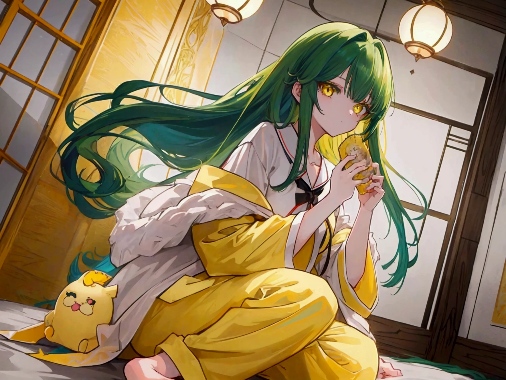 a girl with long dark green hair, yellow eyes,hair behind ear, アニメ, アニメ style, uhd, masterpiece, accurate, anatomically correct, super detail, high quality, high details, award winning, highres, best quality, 8k,pajamas,Bangs,floor,Just woke up