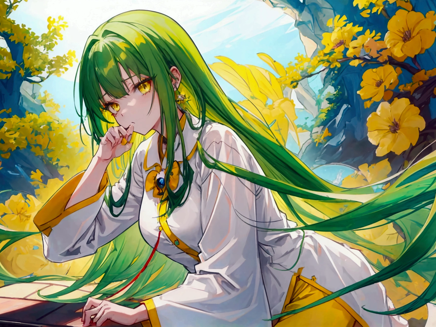 a girl with long dark green hair, yellow eyes,hair behind ear, アニメ, アニメ style, uhd, masterpiece, accurate, anatomically correct, super detail, high quality, high details, award winning, highres, best quality, 8k,pajamas,Bangs,floor,Just woke up