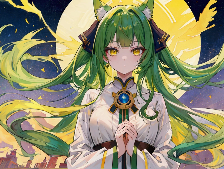 a girl with long dark green hair, yellow eyes,hair behind ear, アニメ, アニメ style, uhd, masterpiece, accurate, anatomically correct, super detail, high quality, high details, award winning, highres, best quality, 8k,pajamas,Bangs,floor,Just woke up