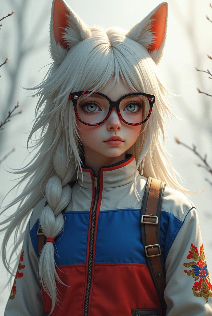 teenage girl white wolf ears and whiskers on her face with russia flag clothes, and russia flag on her huge glasses