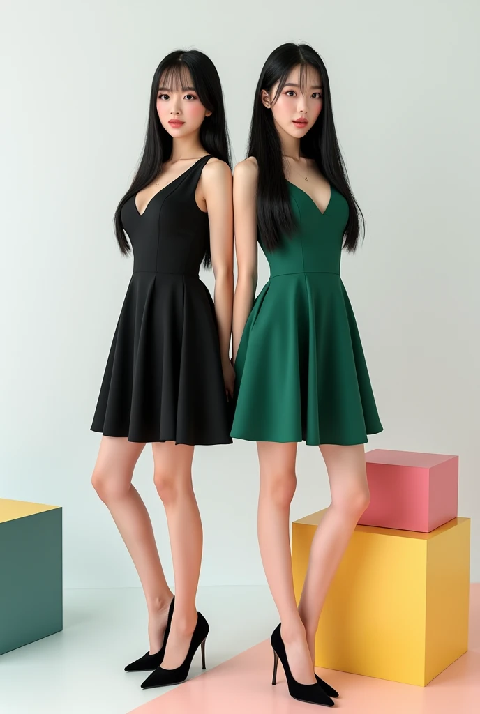 best qualityer:1.4), (ultra high resolution:1.2), (photorrealistic:1.4), (8k, CRU photo:1.2), 2 24 year old women in the photo. They are twins. One is wearing a knee-length black dress and black high heels.. The other one is wearing a green knee-length dress and black high heels.. Long straight black hair. eyes browns. They are next to a colored cube. They are in a photography studio with a white background