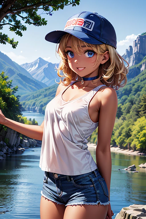 #Basic
A girl posing for a photo, (((One Girl))), (((Baby Face:1.4)) + ((cute:1.4)) + ((15 years old))),
break
#Clothing Accessories
((White tank top shirt)) + ((Blue denim shorts)) + ((Blue sun visor)) + ((Red sneakers)),
((Black choker)),
break
#Features
((Blonde:1.2)) + ((Wild Bangs)) + ((very long transverse hair)) + ((short hair : Short Hair + Curly hair + Wild Hair:1.4 + Messy Hair:1.2 + Voluminous Hair)),
((Droopy eyes:1.4, Big eyes:1.2), blue eyes), (Small breasts:1.2), (中立的な顔のFeatures), (Tanned dark skin:1.4),
break
#background environment
((noon, A river in the mountains, surrounded by nature, blue sky)),
#Facial Expression Pose
((smile, Open your mouth:1.2)), ((Extend your left hand towards the camera and hold it、Place your right hand on your hat、Standing strong and proud)),
#composition
((Angle from the front:1.2, Cowboy Shot)),
break
#Body parts elements
(Slim figure),
(Symmetrical facial features),
(Detailed Hair, Beautiful Hair, Shiny Hair),
(double eyelid, Long eyelashes, Thin eyebrows:0.5, Thin eyebrows:0.5),
(Expression of fine eyes, Beautiful and delicate eyes, Sparkling eyes, Eye Reflexes, Glitter Eyeliner),
(Human Ear),
(Beautiful Nose, Thin Nose),
(Glossy Lips, Beautiful Lips, Thick lips),
(Textured skin, Detailed skin, Textured skin, Beautiful Skin, Oily skin),
break
#quality
(((最高quality)), ((masterpiece:1.3)), ((Very detailed))), ((Ultra-high resolution)), ((16K)), ((1080P)), ((Full HD)),
((Anatomically correct)), ((Realistic)), (3DCG), ((Oil painting)),
((comics, anime)), (CG illustration), (RAW Photos),