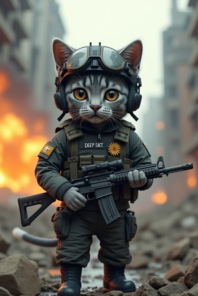 Grey cat with human-like body, perfect fur details,wearing a complete special forces uniform with the Indonesian logo,nametag "deep" ,wearing a special forces helmet,special forces boots holding automatic rifle ready to shoot position,background of a destroyed city there is an explosion,dust,debris from destroyed buildings flying through the air,cinematic,perfect detail,--AR 16:9
