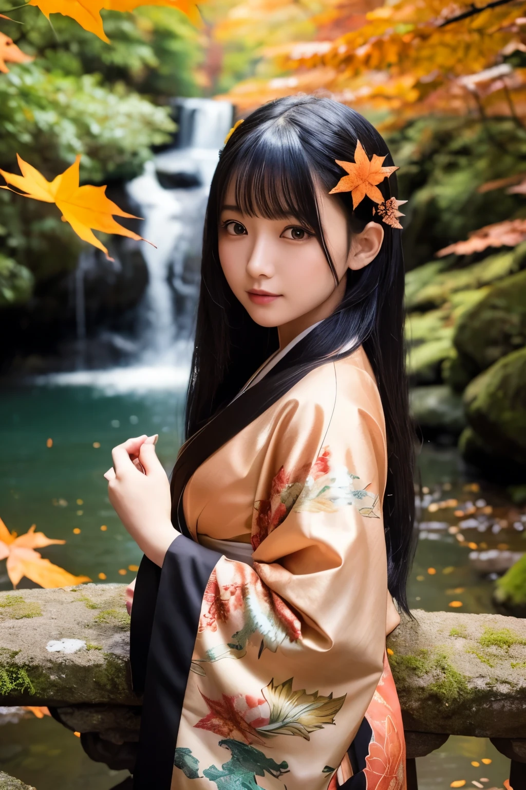 (Oriental Beauty)、beautiful girl、Black-haired beauty、kimono、美Shii髪、20age、(Background waterfall)、Nature、autumn leaves、(dragon)、Dragon、god々Shii、Twinkle、