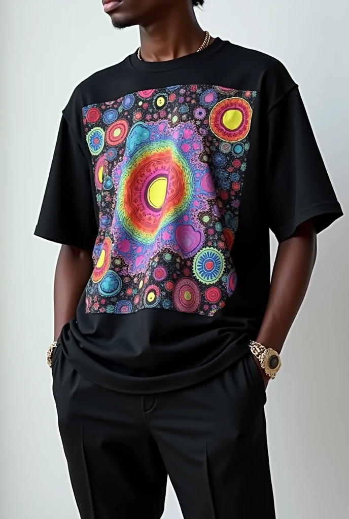 Fashion editorial style 70s psychedelic patterns paired with futuristic, iridescent materials.oversize tshirt mockup 3d, color black , men style streetwear by Virgil Abloh, brand NoirÉclat highly detailed, Elegant, sophisticated, high-end, luxurious, professional, highly detailed