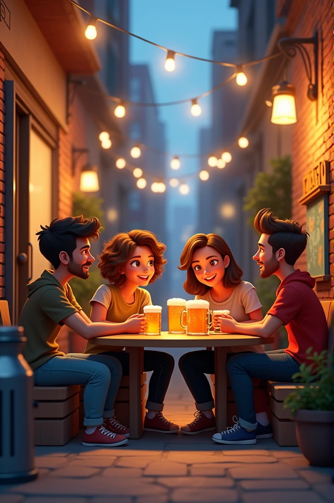 Make me an animated image of some friends drinking beers in an alley