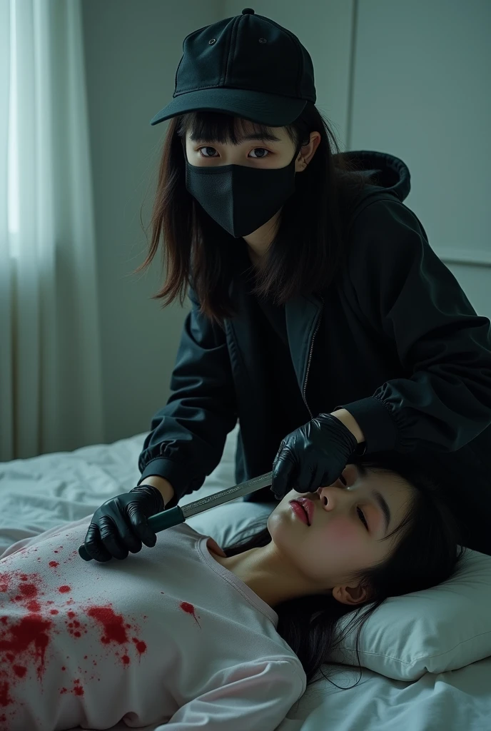 korean girl, (behind stiff, holding knife), stabbing, black surgical mask, black gloves, sunglasses, white room, black raincoat, trucker hat, holding knife, black gloves, 15 years old, woman on top, behind cadaver, blood splatter, on the bed, looking at viewer, mass murderer, killer, blood splatter, dark atmosphere, cinematic lighting, atmospheric realistic, light from the window,